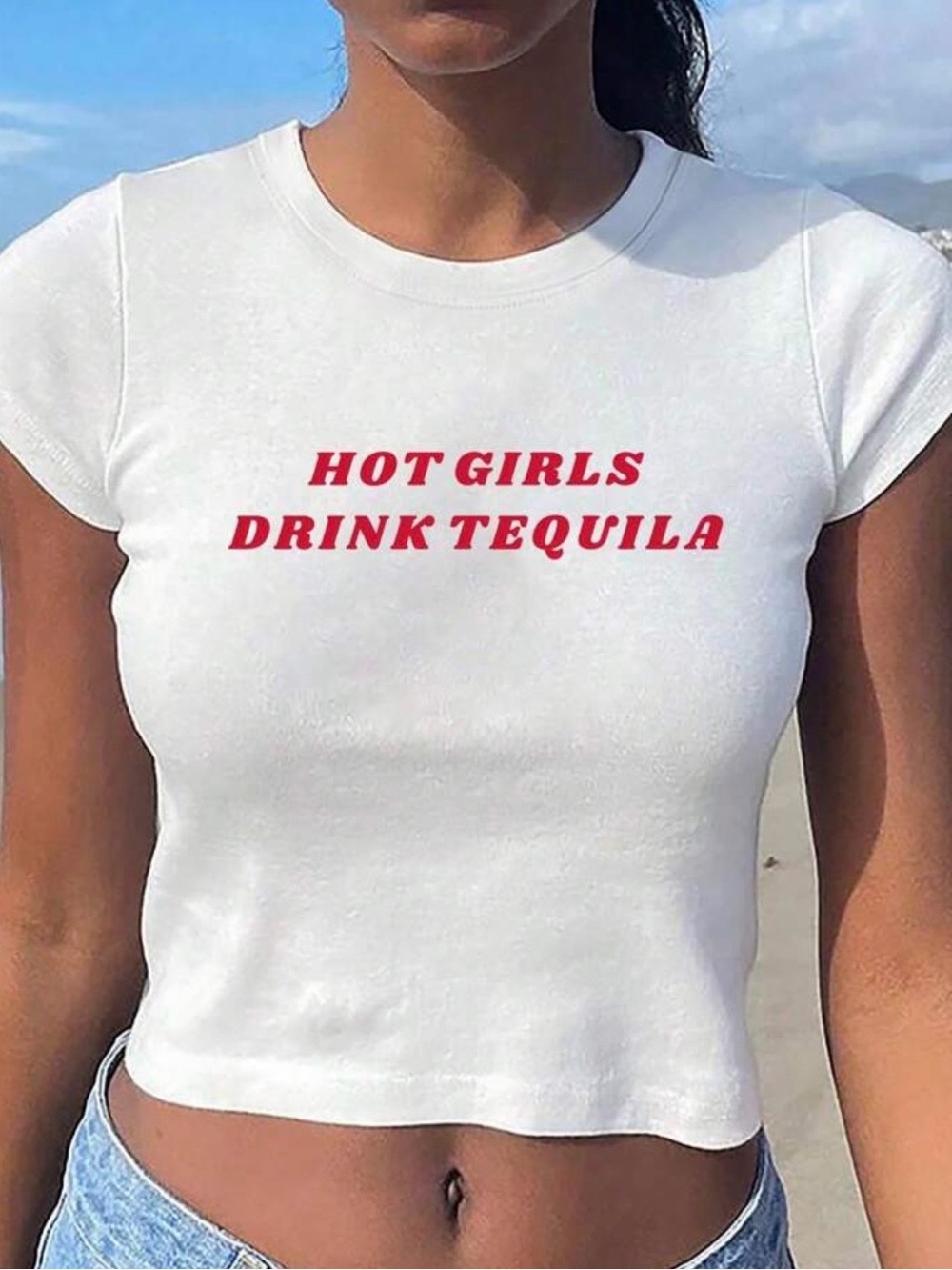 SHEIN White Crop Tee 'Hot Girls Drink Tequila' Graphic